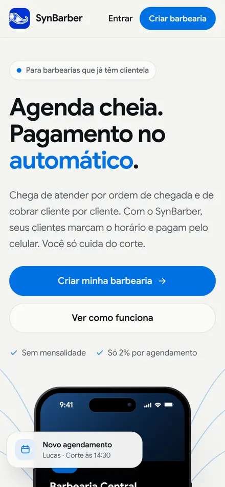 Plataforma SynBarber de agendamento para barbearias, criada pela SYNEX